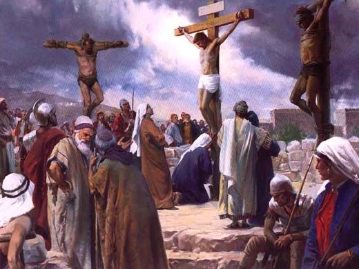 A painting depicting the crucifixion of Jesus. The two thieves are crucified beside Him, while many onlookers stand below.